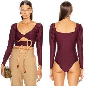 New Johanna Ortiz Invasive Long Sleeve Cut Out V-Neck Wine Bodysuit NWT Size 6